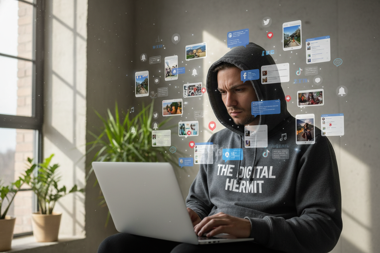 generate me an image of a digital hermit wearing one of my hoodies that has the words 'the digital hermit' make it in a social media environment with the person looking at their laptop have social media images floating around them make the people real life people